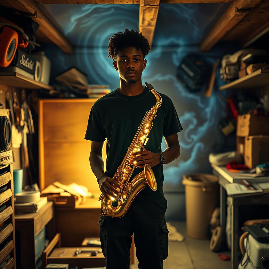 An 18-year-old Black male named Denzel Mateo Keller stands in a cluttered garage, wearing a t-shirt and pants