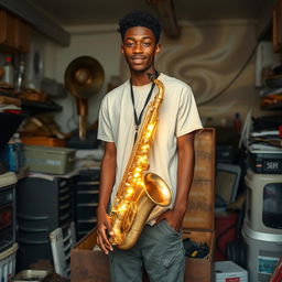 An 18-year-old Black male named Denzel Mateo Keller stands in a cluttered garage, wearing a t-shirt and pants