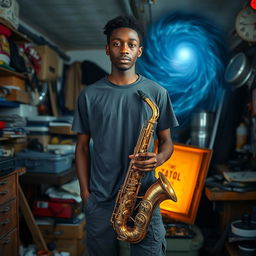 An 18-year-old Black male named Denzel Mateo Keller stands in a cluttered garage, wearing a t-shirt and pants