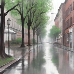 A drawing of a street with asphalt, trees, and a sidewalk