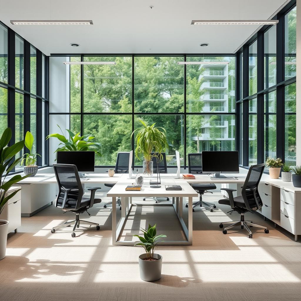 A modern office remodel with sleek furniture, ergonomic chairs, large windows for natural light, and a minimalist design