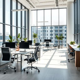 A modern office remodel with sleek furniture, ergonomic chairs, large windows for natural light, and a minimalist design