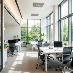 A modern office remodel with sleek furniture, ergonomic chairs, large windows for natural light, and a minimalist design