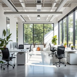 A modern office remodel with sleek furniture, ergonomic chairs, large windows for natural light, and a minimalist design