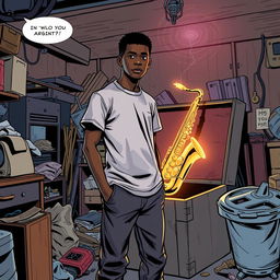 In a comic book style, an 18-year-old Black male named Denzel Mateo Keller stands in a cluttered garage, wearing a t-shirt and pants