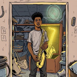 In a comic book style, an 18-year-old Black male named Denzel Mateo Keller stands in a cluttered garage, wearing a t-shirt and pants