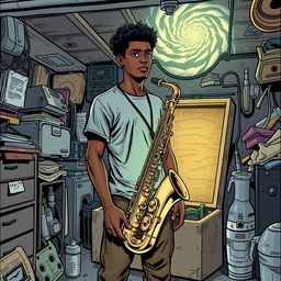 In a comic book style, an 18-year-old Black male named Denzel Mateo Keller stands in a cluttered garage, wearing a t-shirt and pants