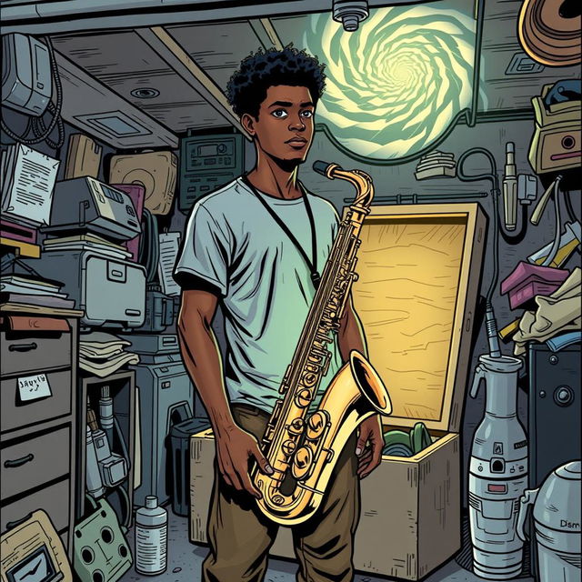 In a comic book style, an 18-year-old Black male named Denzel Mateo Keller stands in a cluttered garage, wearing a t-shirt and pants