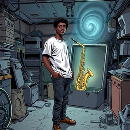 In a comic book style, an 18-year-old Black male named Denzel Mateo Keller stands in a cluttered garage, wearing a t-shirt and pants