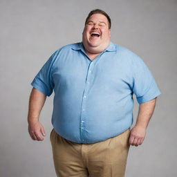 A jovial, overweight man, brimming with infectious laughter and dressed in comfortably fitting clothes.