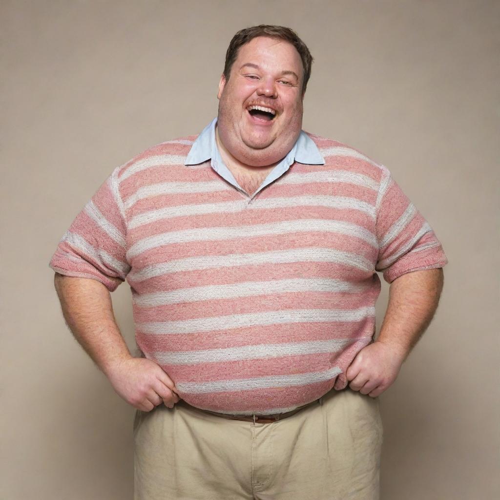 A jovial, overweight man, brimming with infectious laughter and dressed in comfortably fitting clothes.