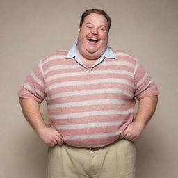 A jovial, overweight man, brimming with infectious laughter and dressed in comfortably fitting clothes.