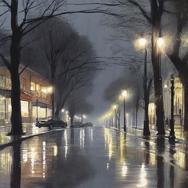 A nighttime drawing of a street with asphalt, trees, and a sidewalk