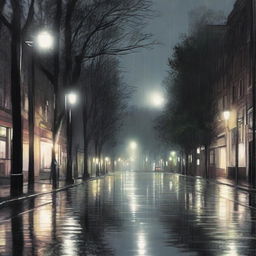 A nighttime drawing of a street with asphalt, trees, and a sidewalk