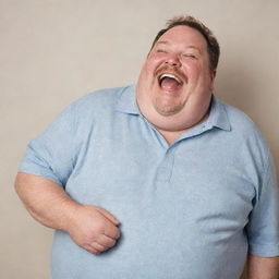 A jovial, overweight man, brimming with infectious laughter and dressed in comfortably fitting clothes.