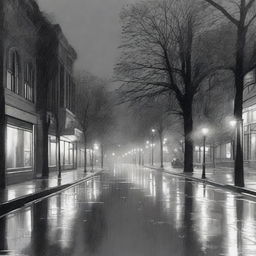 A nighttime drawing of a street with asphalt, trees, and a sidewalk