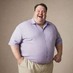 A jovial, overweight man, brimming with infectious laughter and dressed in comfortably fitting clothes.