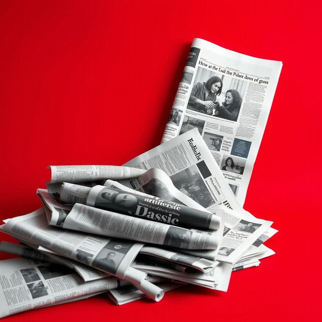 A red background with a pile of newspapers in the foreground