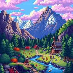 Create a vibrant and detailed pixel art scene featuring a fantasy landscape with mountains, forests, and a small village