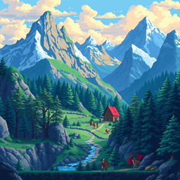 Create a vibrant and detailed pixel art scene featuring a fantasy landscape with mountains, forests, and a small village