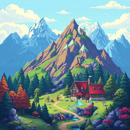 Create a vibrant and detailed pixel art scene featuring a fantasy landscape with mountains, forests, and a small village