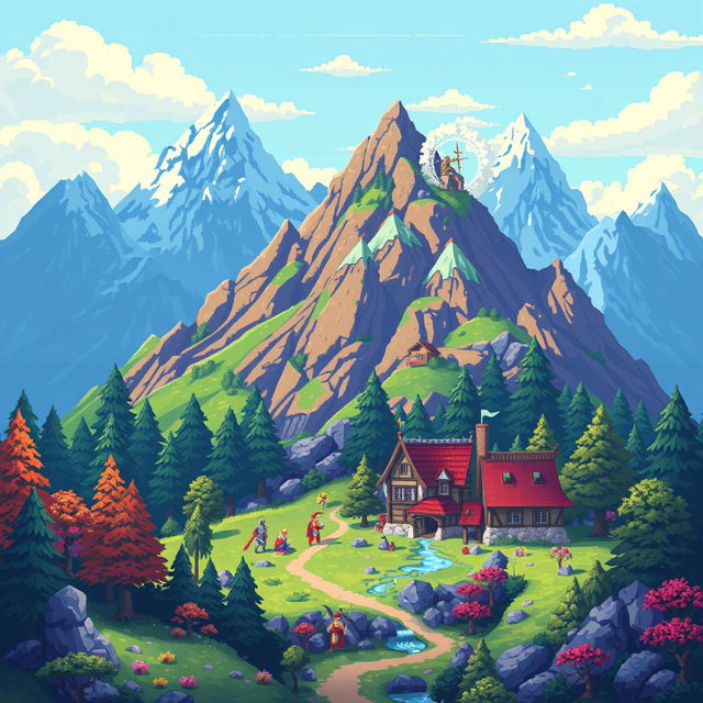 Create a vibrant and detailed pixel art scene featuring a fantasy landscape with mountains, forests, and a small village