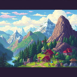 Create a vibrant and detailed pixel art scene featuring a fantasy landscape with mountains, forests, and a small village