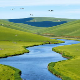 A serene landscape with a clear blue sky, green rolling hills, and a calm river flowing through the middle