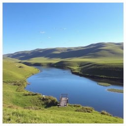 A serene landscape with a clear blue sky, green rolling hills, and a calm river flowing through the middle