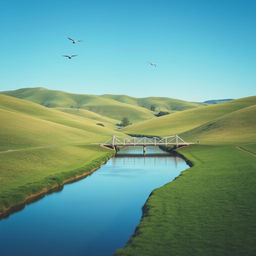 A serene landscape with a clear blue sky, green rolling hills, and a calm river flowing through the middle