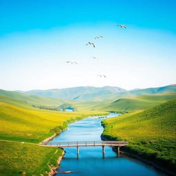 A serene landscape with a clear blue sky, green rolling hills, and a calm river flowing through the middle