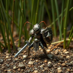 A DnD paladin the size of an ant, wearing miniature shining armor and holding a tiny sword and shield