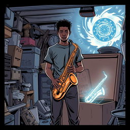 In a comic book style, an 18-year-old Black male named Denzel Mateo Keller stands in a mysterious stance in a cluttered garage, wearing a t-shirt and pants