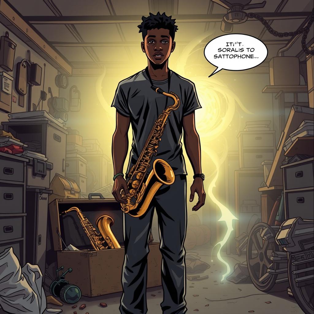 In a comic book style, an 18-year-old Black male named Denzel Mateo Keller stands in a mysterious stance in a cluttered garage, wearing a t-shirt and pants