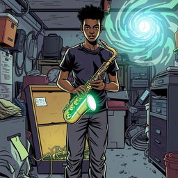 In a comic book style, an 18-year-old Black male named Denzel Mateo Keller stands in a mysterious stance in a cluttered garage, wearing a t-shirt and pants