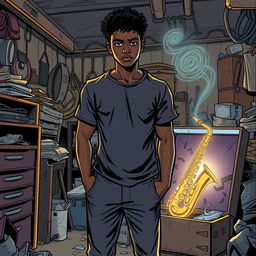 In a comic book style, an 18-year-old Black male named Denzel Mateo Keller stands in a mysterious stance in a cluttered garage, wearing a t-shirt and pants