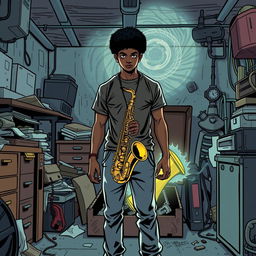 In a comic book style, an 18-year-old Black male named Denzel Mateo Keller stands in a mysterious stance in a cluttered garage, wearing a t-shirt and pants