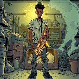 In a comic book style, an 18-year-old Black male named Denzel Mateo Keller stands in a mysterious stance in a cluttered garage, wearing a t-shirt and pants