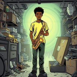 In a comic book style, an 18-year-old Black male named Denzel Mateo Keller stands in a mysterious stance in a cluttered garage, wearing a t-shirt and pants