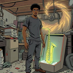 In a comic book style, an 18-year-old Black male named Denzel Mateo Keller stands in a mysterious stance in a cluttered garage, wearing a t-shirt and pants