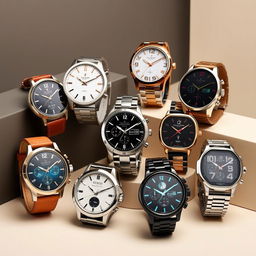 A collection of stylish and modern wristwatches displayed in a visually appealing arrangement