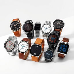 A collection of stylish and modern wristwatches displayed in a visually appealing arrangement