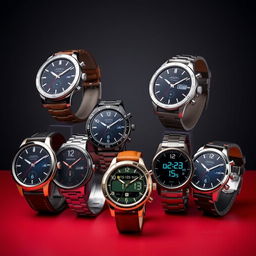 A collection of stylish and modern wristwatches displayed in a visually appealing arrangement