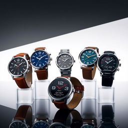 A collection of stylish and modern wristwatches displayed in a visually appealing arrangement