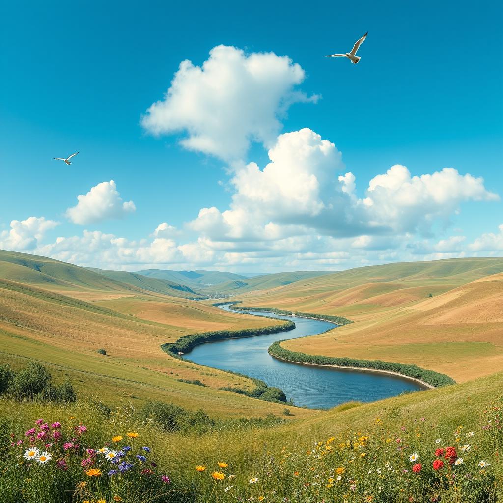 A serene landscape featuring rolling hills, a clear blue sky with fluffy clouds, and a peaceful river running through the middle