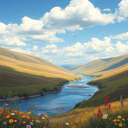 A serene landscape featuring rolling hills, a clear blue sky with fluffy clouds, and a peaceful river running through the middle