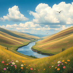 A serene landscape featuring rolling hills, a clear blue sky with fluffy clouds, and a peaceful river running through the middle