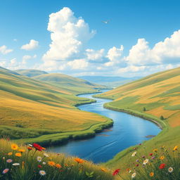 A serene landscape featuring rolling hills, a clear blue sky with fluffy clouds, and a peaceful river running through the middle