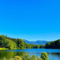 A serene landscape featuring a clear blue sky, a tranquil lake surrounded by lush green trees, and a distant mountain range