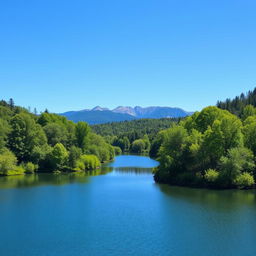 A serene landscape featuring a clear blue sky, a tranquil lake surrounded by lush green trees, and a distant mountain range